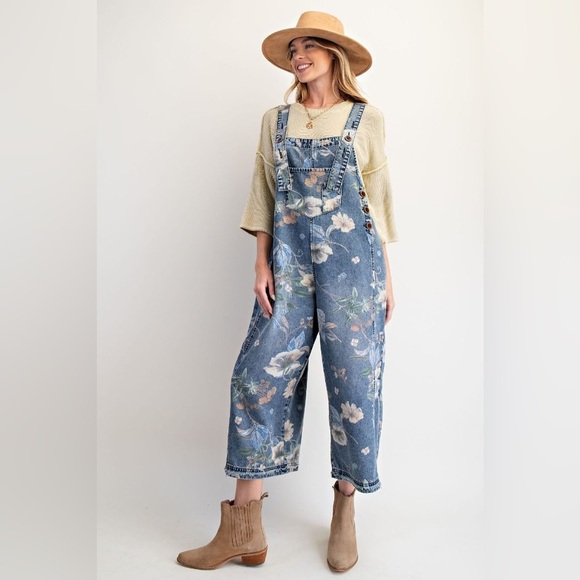Easel FLOWER PRINTED WASHED DENIM OVERALLS - Picture 1 of 2